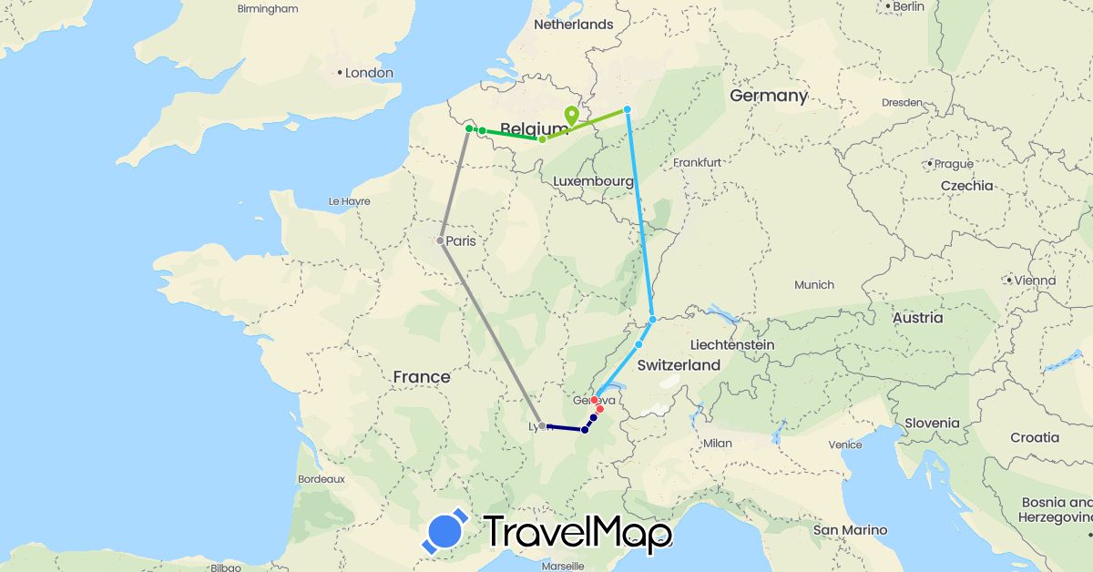 TravelMap itinerary: driving, bus, plane, hiking, boat, electric vehicle in Belgium, Switzerland, Germany, France (Europe)